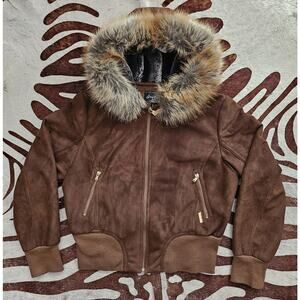Vintage Y2K Women's Sean John Brown Seude Bomber Fur Hood & Lining Sz XL